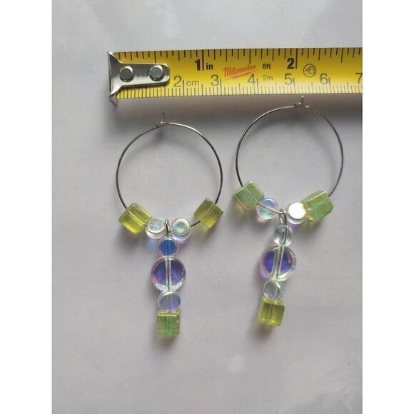 Handmade 2 1/2" Long Iridescent/Green Glass Beaded Earrings - Picture 4 of 4